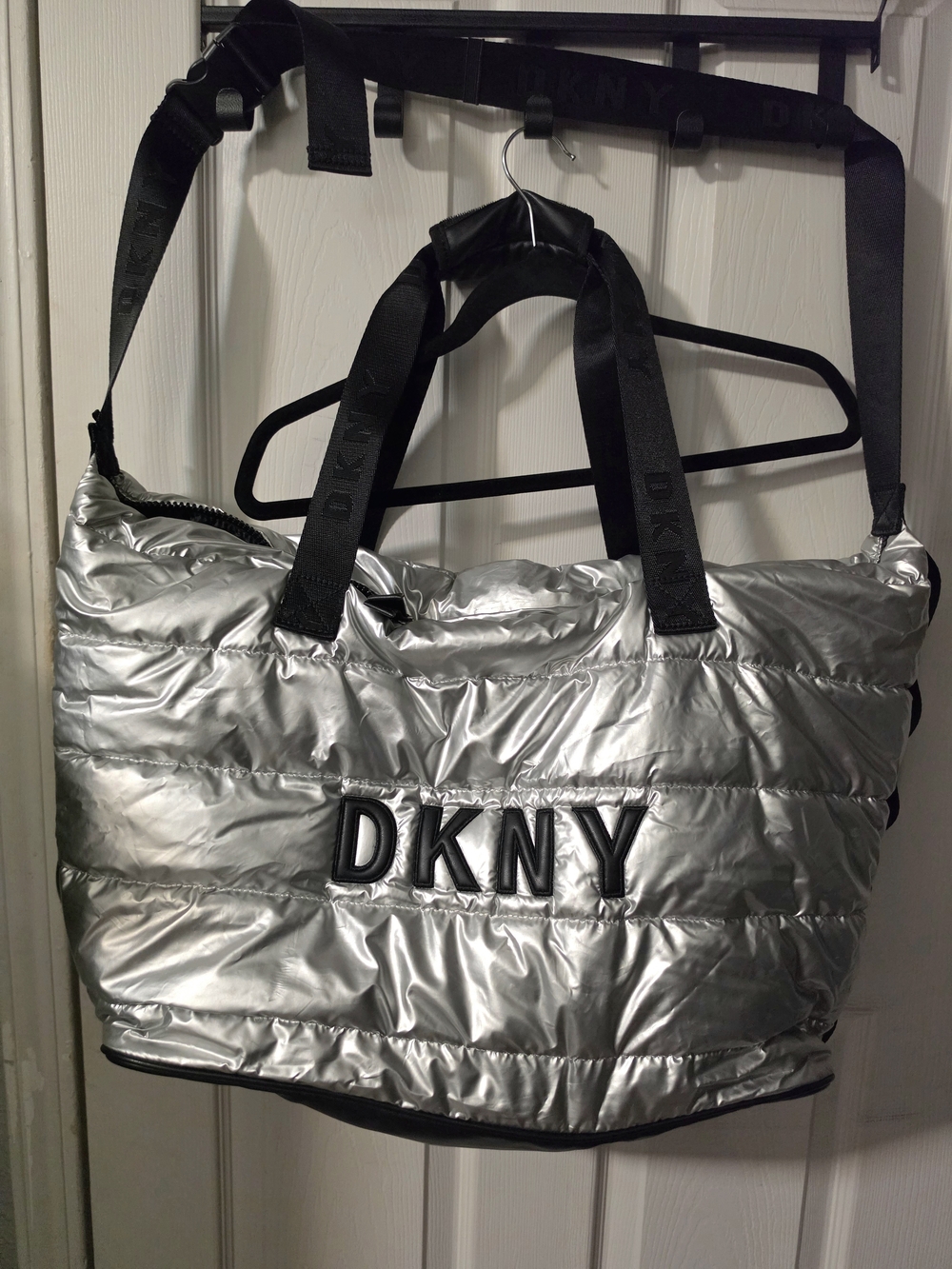 DKNY Silver Quilted Puffer Tote with Black Straps
